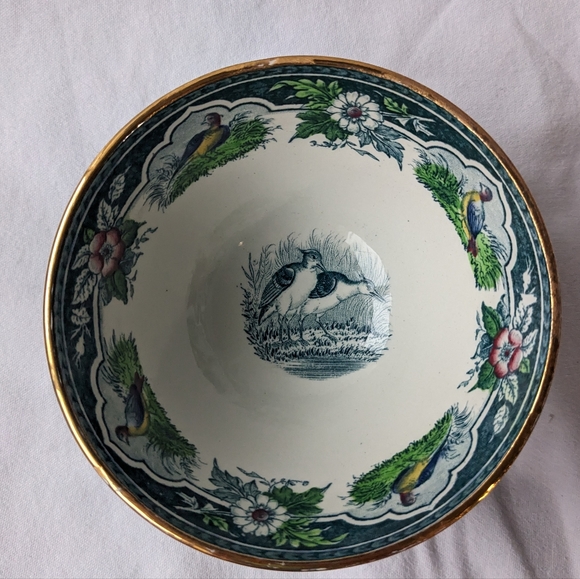 Antique PV France Pleasant Village Blue Floral Birds Open Sugar Footed Bowl - Picture 8 of 14